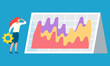 © robu_s - Woman standing with gearwheel near statistics chart and looking on it. Graphs on board. Business tools for innovations and cooperation. Vector illustration flat style