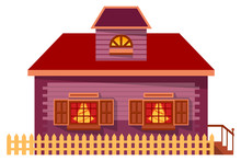 Wooden Building, Housing For Family. Facade, Front Exterior Of Home With Vector Windows And Roof, Stairs And Fence. Residence In Village For Living Out Of Town. House Isolated Cottage, Cartoon Style