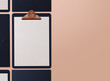 Realistic mockup. Clipboard with sheets of paper on nude background. Template for branding identity. Blank objects for placing your design. 3D illustration.