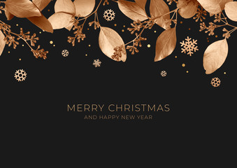 Christmas banner with golden leaves and snowflakes on a dark background. Design element for new year cards. Template of a greeting poster for the winter holidays. 3d illustration. Top view.