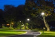 © MJ - Peaceful Park in the Night with Street Lights, Trees, Green Grass and Pathway.