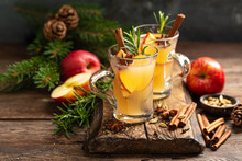 Christmas Mulled Apple Cider With Cinnamon And Anise, Traditional Winter Warming Hot Drink, Beverage Or Cocktail