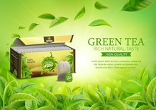 3d Realistic Vector Horizontal Banner, Nature, Tea Plantation, Green Tea Garden Background With Tea Packaging And Flying Leaves, Tea Bag