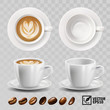3d realistic vector cup of cappuccino or latte coffee with heart pattern, top view, side view