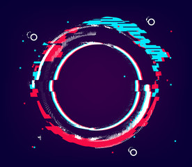 Glitch circle banner, distorted round shape with vhs glitch effect. Abstract neon colored banner with noise and empty place. Vector template illustration.