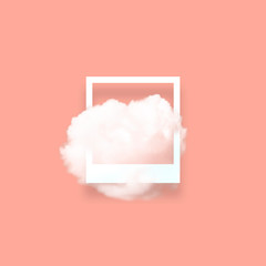 Soft sky cloud in photo frame illustration. Square white border with fluffy cotton candy isolated on blush pink color background. Creative artistic composition, minimalistic stylish design element