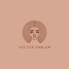 Poster - Vector abstract logo design template in trendy linear minimal style, emblem for beauty studio and cosmetics - female portrait, beautiful afro woman's face