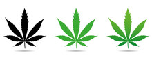 Cannabis Leaf Icons Set. Green Silhouette Of Indica Sativa Isolated White Background. Vector Illustration