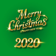 Poster - Merry Christmas Golden Text Calligraphic Lettering Design Card Template. Suitable for Holiday Greeting Gift Poster. Calligraphy Font style Banner on Green Background