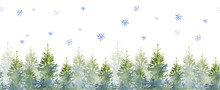 Watercolor Seamless Illustration Of Christmas Trees And Snow. Hand-drawn Illutration On The White Background
