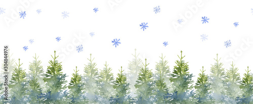 Materiał do szycia Watercolor seamless illustration of Christmas trees and snow. Hand-drawn illutration on the white background
