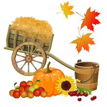 Autumn Still Life With Wooden Cart, Vegetables, Fruits And Berries.