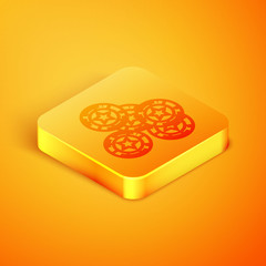 Isometric line Casino chips icon isolated on orange background. Casino gambling. Orange square button. Vector Illustration