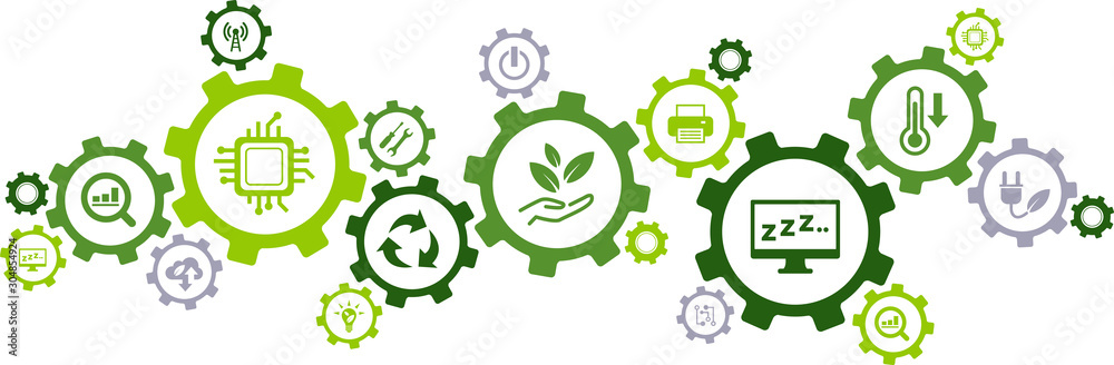 Green computing / green IT connected icon concept: environmentally sustainable ICT, Recycling, cloud computing, systems design – vector illustration - obrazy, fototapety, plakaty 