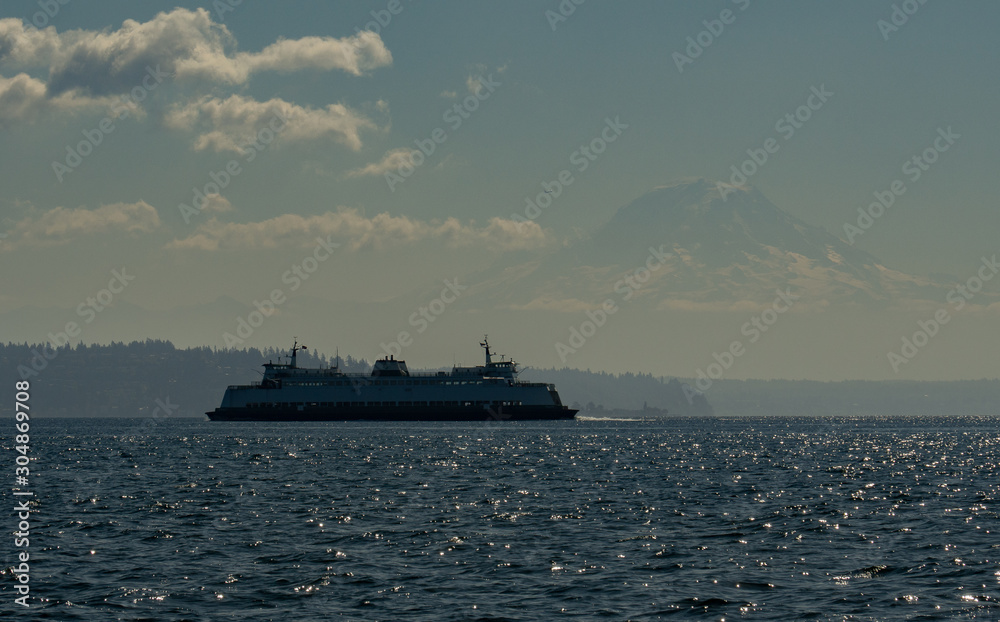 Washington State Ferry transiting to Seattle with Mt Rainier in the ...