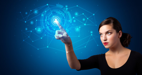 Aufkleber - Woman touching hologram screen displaying keys and locks