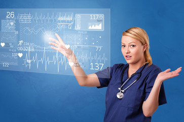 Wall Mural - Doctor touching hologram screen displaying healthcare running symbols