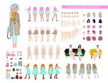  Animate Woman Character. Young Lady Personage Constructor. Different Postures, Hairstyle, Face, Legs, Hands, Clothes, Accessories Collection. Set Vector Person. Girlfriends.Cartoon Animated Personas