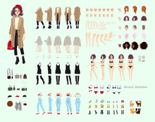 Animate Character. Young Lady Character Constructor. Different Woman Postures, Hairstyle, Face, Legs, Hands, Clothes, Accessories Collection. Vector Cartoon Illustration.