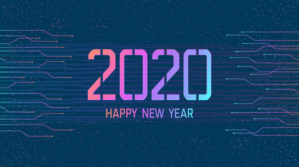 Wall Mural - Happy new year 2020 in abstract technology circuit board on dark blue color background