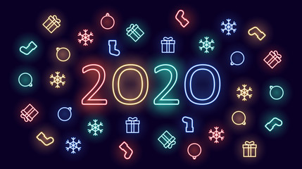Wall Mural - Happy new year 2020 in neon light bauble Christmas ball element on blue color background