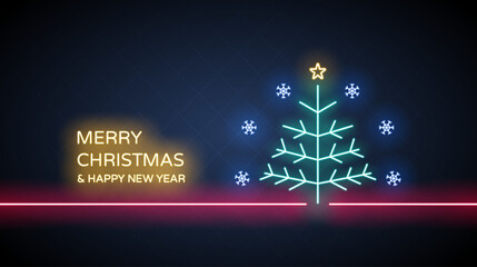 Wall Mural - Neon light of Merry Christmas tree and happy new year on blue color background