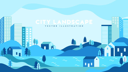 Simple geometric landscape vector illustrations building on hill