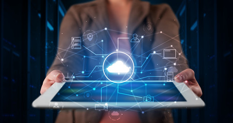 Poster - Formal hand in server room with virtual workspace concept
