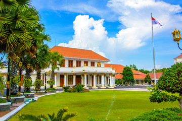 Gedung Negara Grahadi the historical iconic famous east java government state building in Surabaya, Indonesia on a clear cloudy blue sky