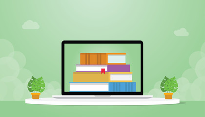 Poster - online library with laptop and books stack with modern flat style - vector