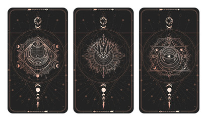 Wall Mural - Vector set of three dark backgrounds with sacred symbols, grunge textures and frames. Illustration in black and gold colors.