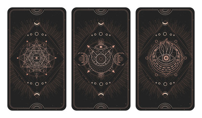 Wall Mural - Vector set of three dark backgrounds with sacred symbols, grunge textures and frames. Illustration in black and gold colors.