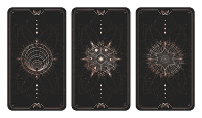Wall Mural - Vector set of three dark backgrounds with sacred symbols, grunge textures and frames. Illustration in black and gold colors.