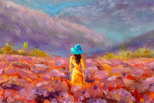 Oil Painting Beautiful Girl Stands With Her Back In A Lavender Pink Flower Field - Floral French Tuscan Landscape