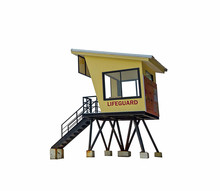 Yellow Guardhouse Isolated On White Background.Guardhouse Small Size Top Build With Wood Below Build With Steel And There Is A Red Text Saying Lifeguard.