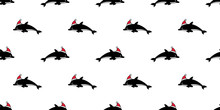 Dolphin Seamless Pattern Christmas Hat Vector Santa Claus Fish Shark Doodle Cartoon Salmon Whale Wave Ocean Sea Scarf Isolated Repeat Wallpaper Tile Background Illustration Design