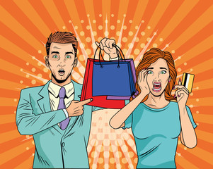 Poster - Woman and man with shopping bag retro vector design