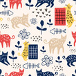 Trendy cute cat seamless pattern with animal and flowers plant nursery. Vector illustration hand drawn childish drawing scandinavian style for fashion textile print.