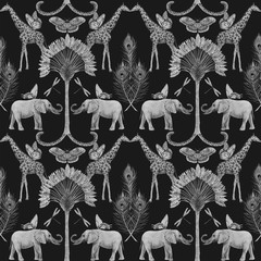 Beautiful african safari animal tropical seamless pattern. Trendy style. Print with elephants and giraffe. Dark background,