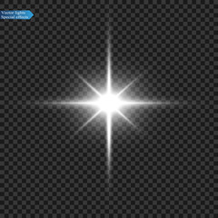 Poster -  Special flash lens, light effect. The flash blinks with beams and a searchlight. silt White glowing light. Beautiful star Light from the rays.