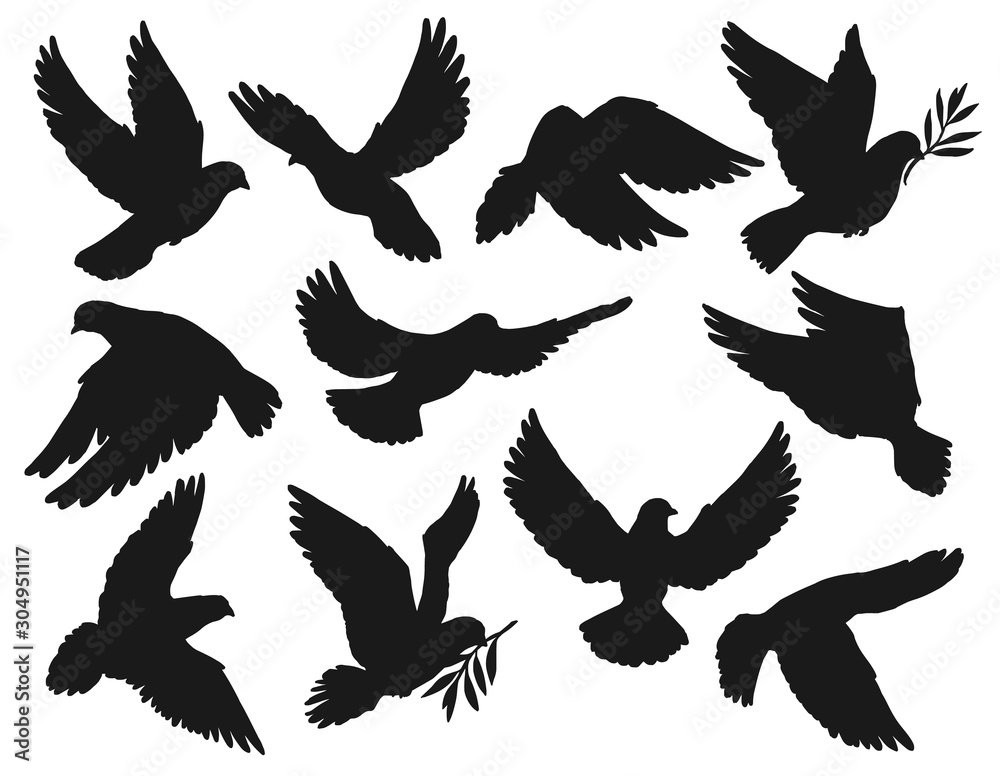 Dove icons, peace and easter symbol, pigeon bird flying with olive branch twig in beak. Vector dove silhouette, sign of Christian church religion, hope and love, resurrection day and holy spirit - obrazy, fototapety, plakaty 