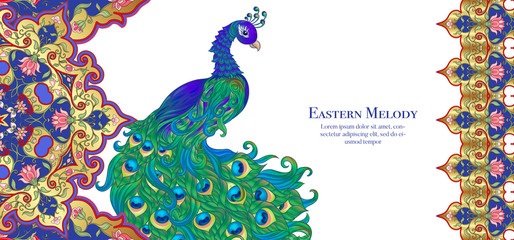 Wall Mural - Peacock and eastern ethnic motif, traditional muslim ornament. Template for wedding invitation, greeting card, banner, gift voucher, label. Colored vector illustration in gold and blue.