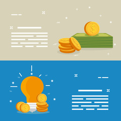 Wall Mural - set of bills with coins and light bulb vector illustration design