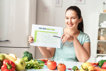 Canvas Print - Body Care. Chubby girl sitting at kitchen table with week meal plan looking camera smiling cheerful