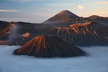 Bromo Mountain With Fog Layer At Sunrise, East Java, Indonesia