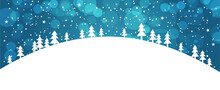 Winter Forest Against A Blue Winter Sky With Snowfall. Banner With A Simple Applique Of Christmas Trees And Bokeh. Hill With Trees, Stars In The Sky, Snowflakes. Postcard New Year And Christmas