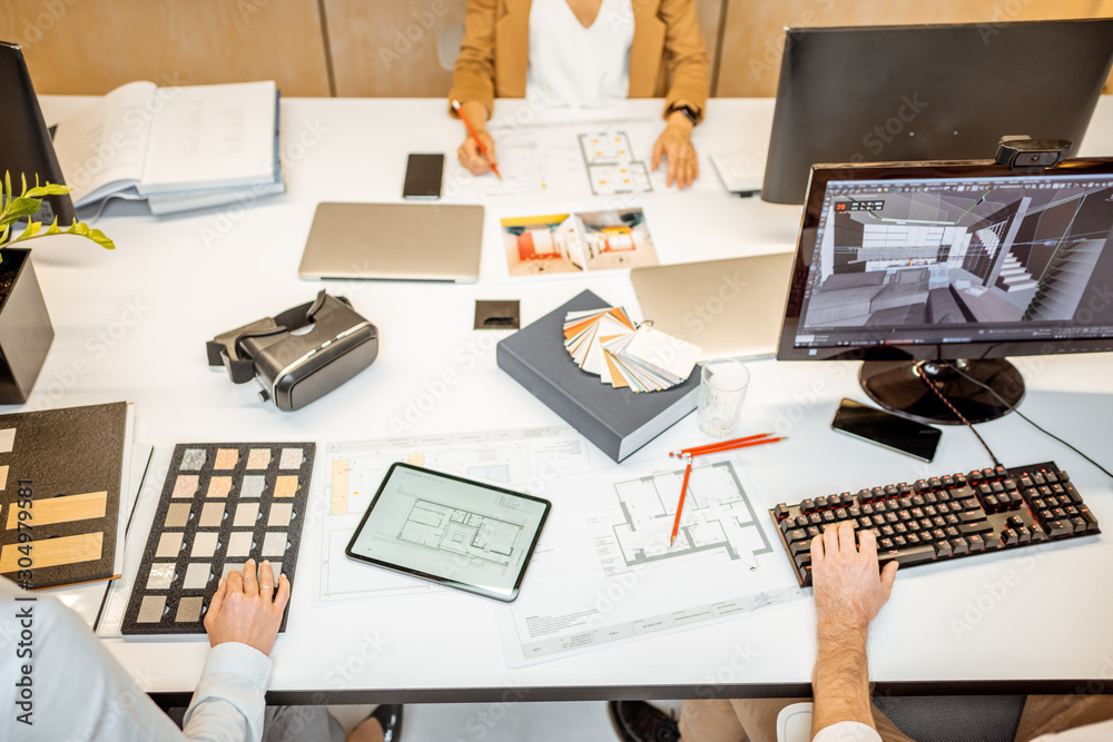 Creative workplace of designers or architects, designing interior. Top ...