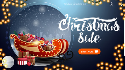 Wall Mural - Christmas sale, beautiful blue modern discount banner with winter landscape, button, garland and Santa Sleigh with presents