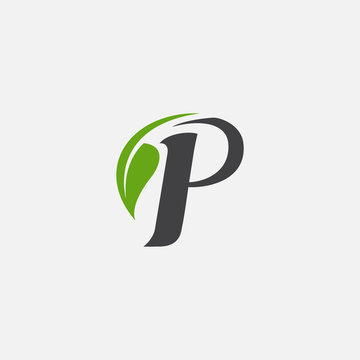 Vector green alphabet eco logo with leaves, Green Eco Alphabet Vector icon, initial P with nature logo design inspiration