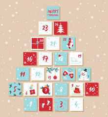 Wall Mural - Vector Christmas advent calendar. Winter holidays poster with dates. Cute decoration xmas day celebration.